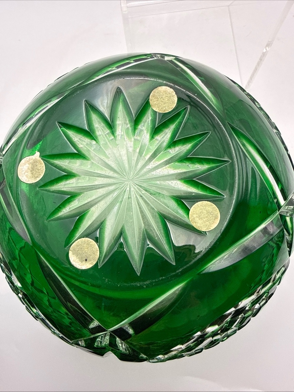 Vintage Crystal Emerald Green Rose/Bowl Vase, 24% Lead Crystal, Hand Cut Appx 5” - Picture 12 of 12